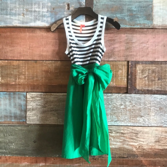 Anthropologie Black and White Striped Top with Green Skirt Mini Dress - Picture 2 of 5